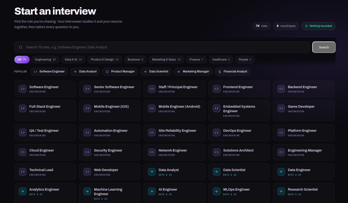 The role picker, with a search box, category filters and a grid of roles