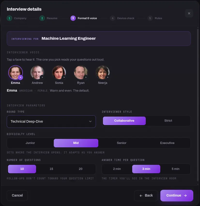 The interview details dialog, showing round type, interviewer style and difficulty