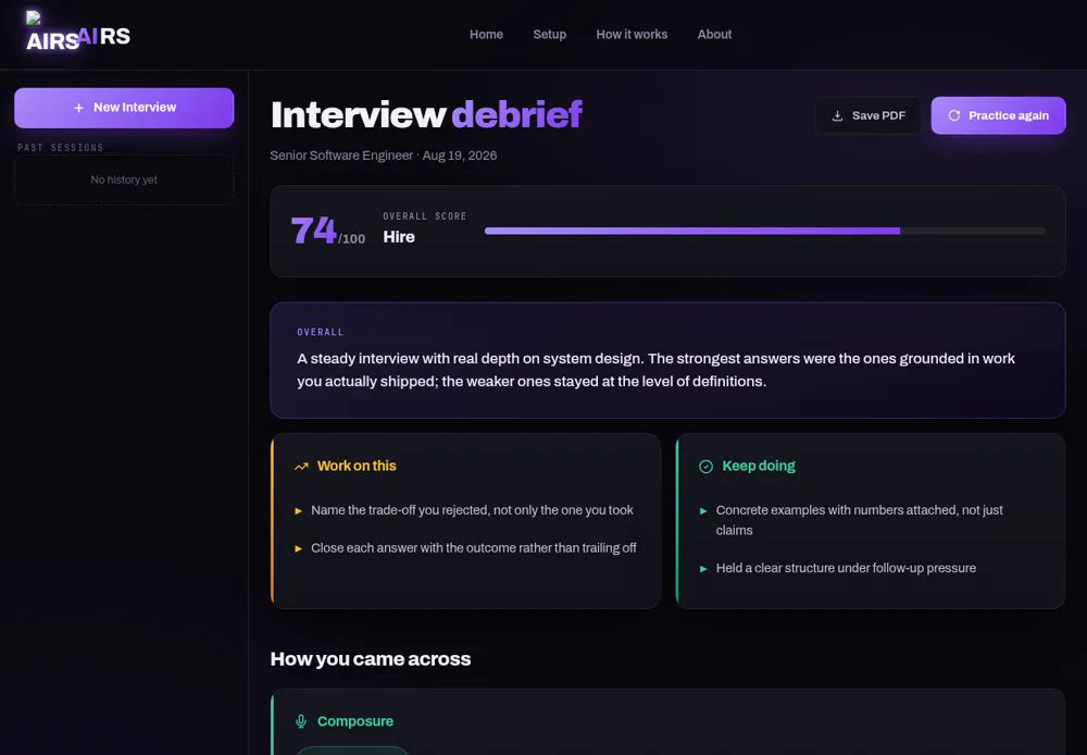 The interview debrief, showing the score, the summary and the coaching points